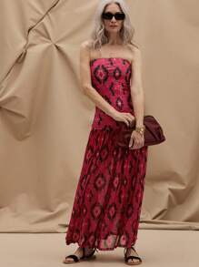 SHEIN LUNE 女士無肩帶全印花夏季休閒無袖連身裙 - 彩色 - 查看 3