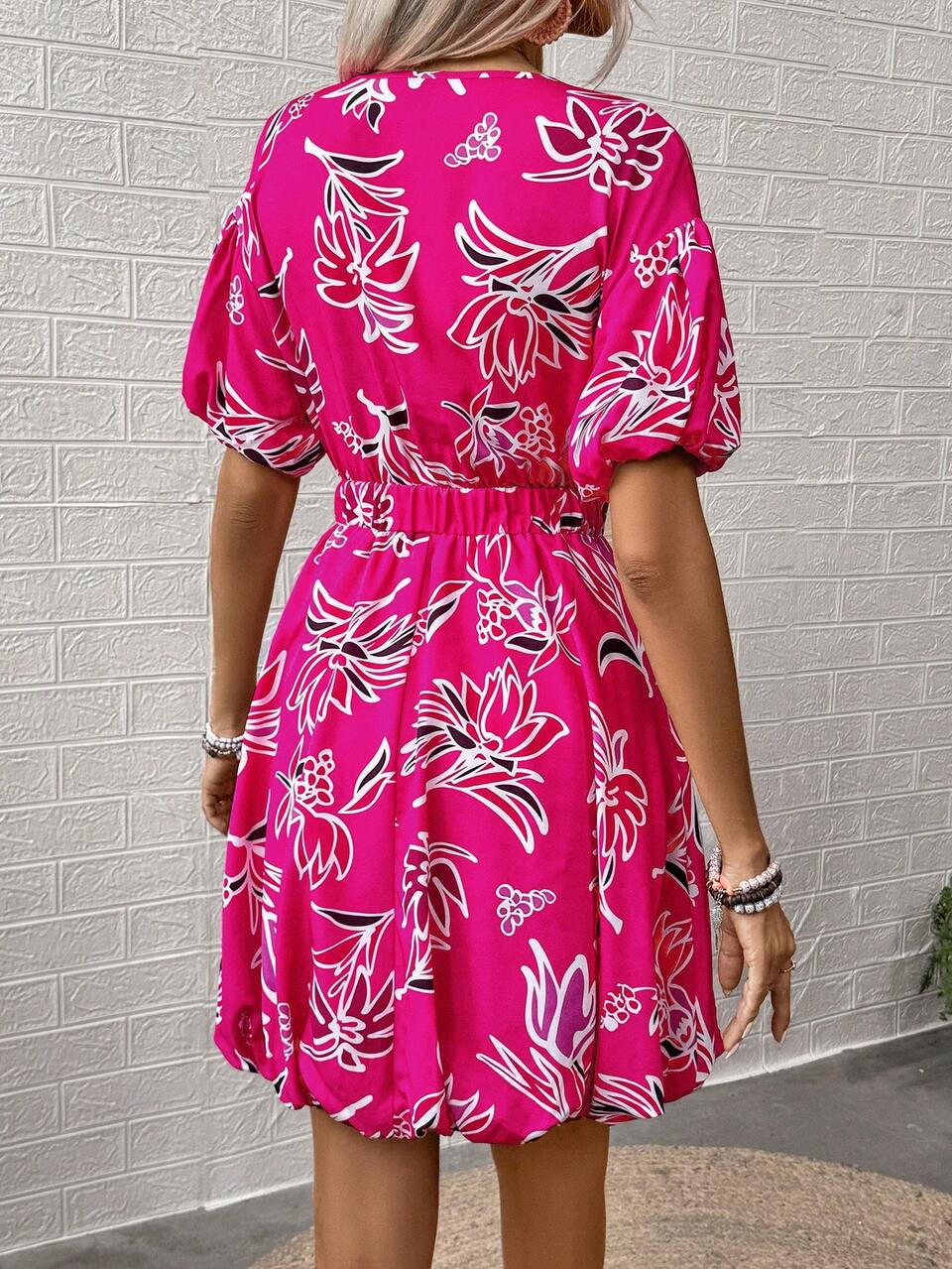 Women's Random Print V-Neck Short Sleeve Dress