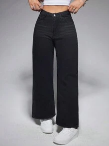 SHEIN PETITE 實色直筒休閒牛仔褲 - 黑色 - 查看 1