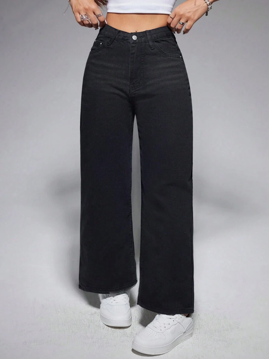 SHEIN PETITE 實色直筒休閒牛仔褲 - 黑色 - 查看 1