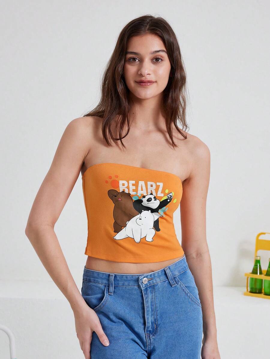 We Bare Bears X SHEIN 女士夏季卡通熊和字母印花緊身無肩帶上衣 - 橘色 - 查看 1