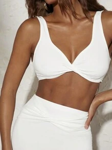 SHEIN VCAY Conjunto de 2 piezas de top con nudo delantero translúcido y falda básica para vacaciones