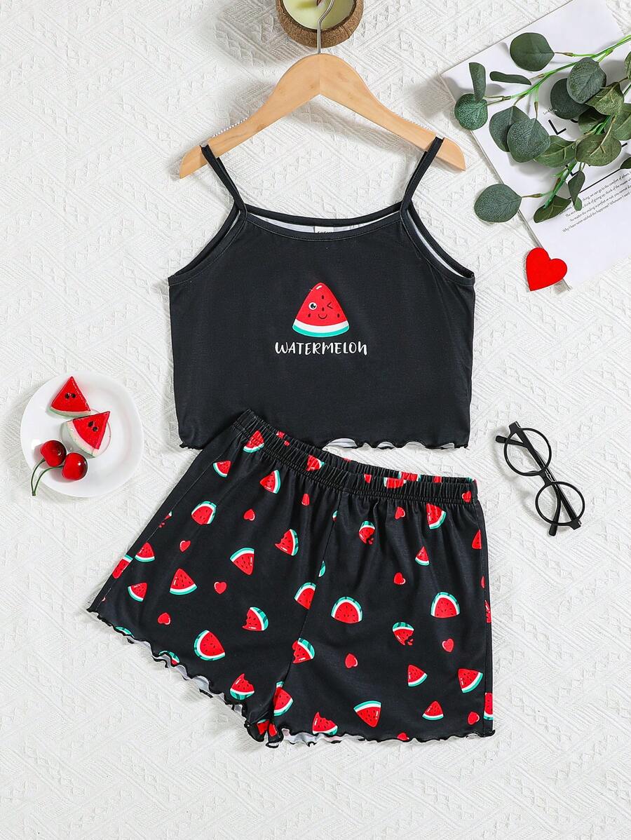 SHEIN Tween Girl Fun Dưa Hấu Họa Tiết Dệt Kim Chống Cháy Trang Phục Ở Nhà Bộ 2 chiếc: Áo ba lỗ & Quần short, Mùa hè - màu đen - Xem 1