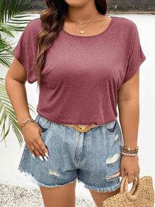 SHEIN Frenchy Camiseta de manga tipo murciélago con encaje en talla grande para tiempo libre, unicolor