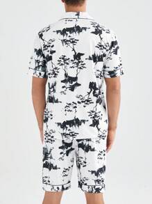Men's Allover Print Button-Up Short Sleeve Top And Shorts Set, Summer Pajamas - Multicolor - View 2
