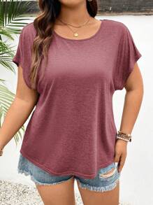 SHEIN Frenchy Camiseta de manga tipo murciélago con encaje en talla grande para tiempo libre, unicolor