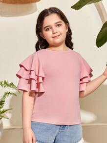 SHEIN Tween Girl Extended Size Loose Casual 3-Layer Ruffled Texture Knitted Round Neck T-Shirt