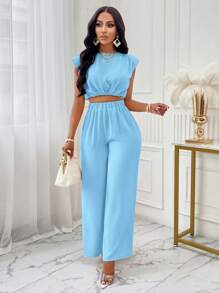AIJ Amarilo Women's Casual Solid Shoulder Pad Round Neck Cropped Top & Wide Leg Pants Set - View 1