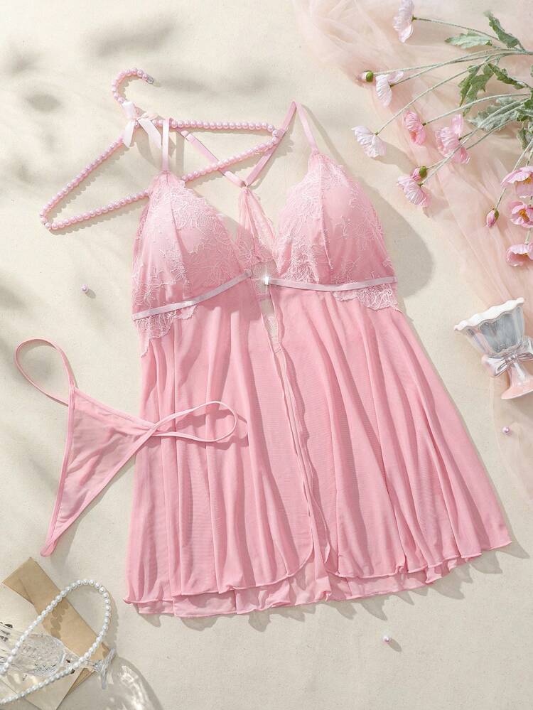Plus Size Solid Color Lace Sexy Lingerie Set (Bra And Panties)
