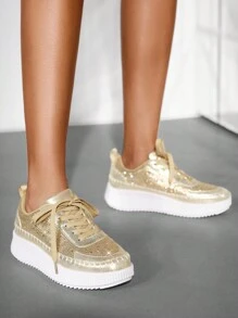 Women's Gold Chunky Sneakers, Fashion Daily Shoes Sports Shoes Casual Shoes - Gold - View 8