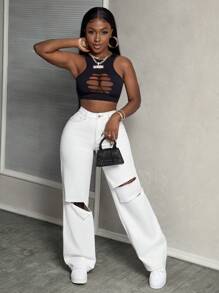 SHEIN Slayr Women's Mid-Rise Straight Leg Ripped Loose Fit Casual Jeans