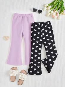 SHEIN Young Girl 2pcs Heart Print Flare Leg Pants - Purple - View 2