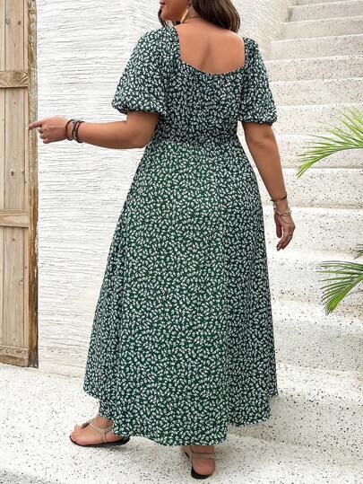 Breezaya Plus Size Boho Women's Elegant Summer Holiday Ditsy Floral Front Tie Square Neckline Long Puff Sleeve Dress, Women Outfit
