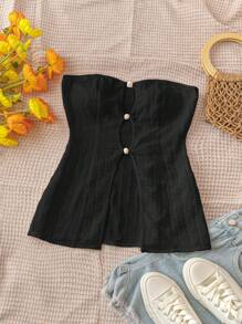 Soleia ملابس علوية نسائية ضيقة بأسلوب عطلة النسيج ثلاثي الأبعاد مع تصميم أمامي ومتوسط مفرغ، وحافة مشقوقة وقميص أبيض غير لائق