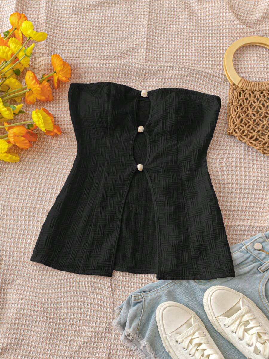 Soleia ملابس علوية نسائية ضيقة بأسلوب عطلة النسيج ثلاثي الأبعاد مع تصميم أمامي ومتوسط مفرغ، وحافة مشقوقة وقميص أبيض غير لائق