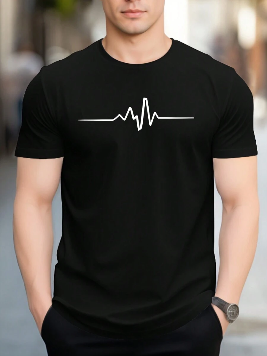 Men's Electrocardiogram Graphic Round Neck Casual Short Sleeve T-Shirt - Black - View 1