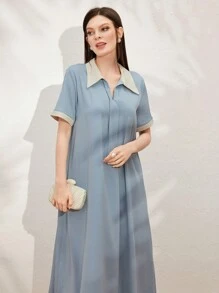 Al Najma 女裝時尚拼色短袖阿拉伯風格連衣裙 - 藍色 - 查看 6