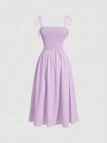 SHEIN MOD 女士纯色结饰和褶饰细节中长休闲吊带连衣裙 - 紫丁香色 - 查看 2