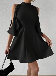 SHEIN Privé Women's Cold Shoulder Batwing Sleeve Loose A-Line Dress With Neck Strap, Suitable For Wedding And Holiday - Black - View 1