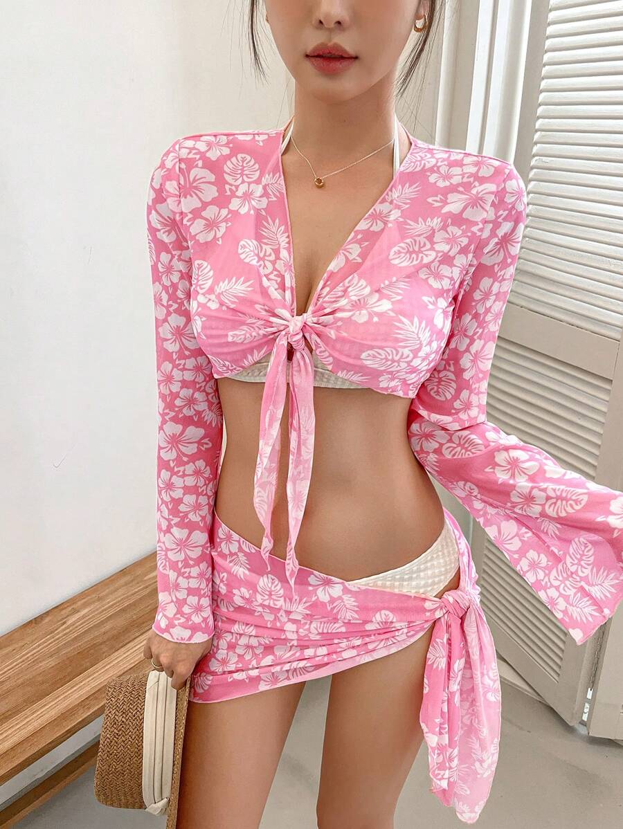 DAZY 女士印花系带长袖上衣和打结半裙,夏季套装,荷叶边度假邮轮波西米亚风女装 - 粉色 - 查看 1