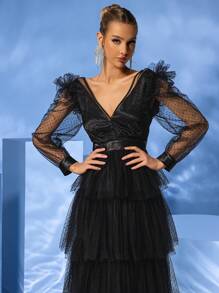 YISIKADO Vestido Largo Con Mangas Largas, Cuello En V, Capas De Malla De Lunares Para Mujeres Para Fiesta De Baile Y Ocasiones Formales - Negro - Ver 3
