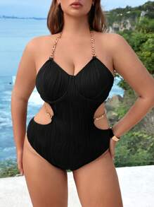 SHEIN Swim Curve Plus Size Bãi Biển Mùa Hè Dây Kim Loại Khoét Hở Lưng Áo Tắm Một Mảnh Gợi Cảm - màu đen - Xem 4