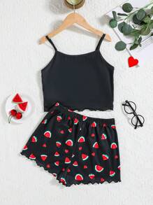 SHEIN Tween Girl Fun Dưa Hấu Họa Tiết Dệt Kim Chống Cháy Trang Phục Ở Nhà Bộ 2 chiếc: Áo ba lỗ & Quần short, Mùa hè - màu đen - Xem 2