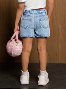 SHEIN Explorewe Young Girls' Retro Washed Denim Shorts With Asymmetrical Waist Design And 2 In 1 Style - Medium Wash - View 2