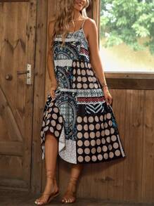 Breezaya 女式复古拼布图案无袖细肩带连衣裙，适合度假休闲 - 彩色 - 查看 3