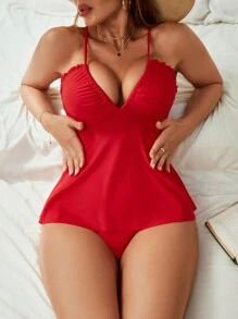 SHEIN Swim Conjunto de traje de baño de un solo color con pliegues y volantes, que incluye vestido y shorts para verano