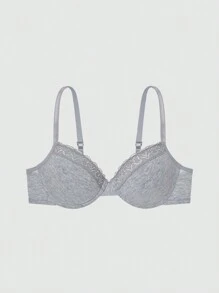 Women's Casual Grey Fabric Bra With Delicate Contrast Lace Trim Medium Stretch Plain Design - Grey - View 3