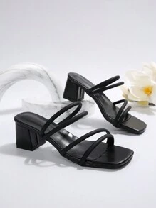 法国女神露趾粗跟凉鞋，全新夏季时尚设计，优雅系带连衣裙高跟鞋 - 黑色 - 查看 4