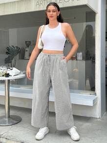 SHEIN EZwear Women's Plus Size Loose Fit Casual Navy & White Vertical Striped Long Pants For Summer