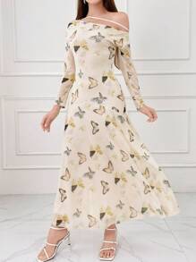 Modelyn 女性優雅不對稱領口束腰蝴蝶印花連衣裙，夏季 - 彩色 - 查看 5