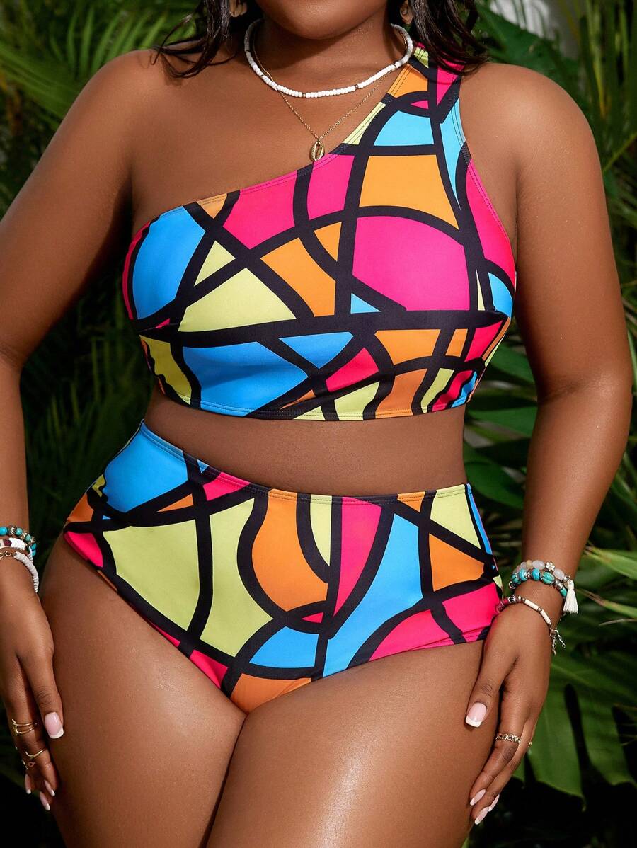 SHEIN Slayr Plus Size Women's Fashionable Colorful One-Shoulder Bikini Swimwear Set Summer - Multicolor - View 1