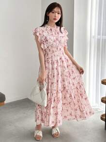 FRIFUL Women's Summer Floral Printed Cap Sleeve Midi Dress With Ruffled Trim Sundress