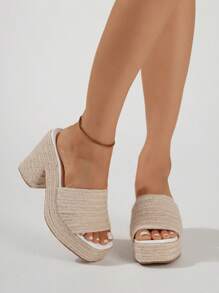 女士繩繩楔形平台涼鞋，開放式趾夾帶夏日休閒高跟拖鞋 - 杏色 - 查看 4