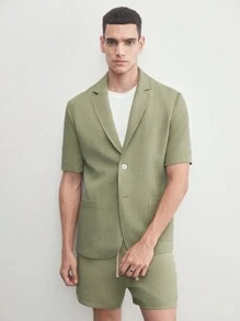 AKNOTIC Business Casual 易護理男士編織商務休閒聚酯氨彈力斜紋布實色西裝外套，配有凸起翻領和短袖，適用於夏季 - 綠色 - 查看 8