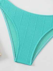 SHEIN Swim 女士纯色拼接比基尼套装带金属链吊带领，性感两件套比基尼套装，适合度假、夏季海滩 - 藍色 - 查看 4