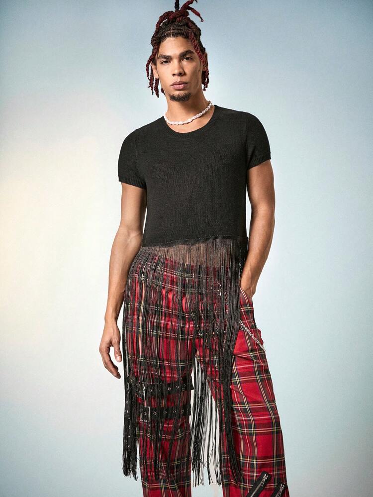 Manfinity Fever City Men's Pride Graphic Crop Top Personalized Tassel Decorated Solid Colored Knitted Top