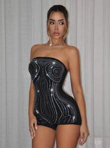 SHEIN ICON Y2k Bodycon Strapless Crystallized Women Jumpsuit Unitard With Body Curve Shape Hot Rhinestone Pattern Summer Black Jumpsuit Unitard Rave Festival Outfits - Black - View 1