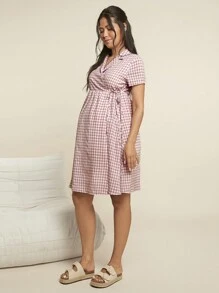 SHEIN Maternity Home Wear Sailor Collar Short Sleeve Knee-Length Casual Woven Plaid Pregnancy Dress