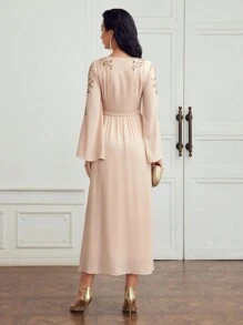 MOTF PREMIUM V-NECK CONTRAST SEQUIN BELL SLEEVE DRESS - Apricot - View 3