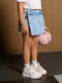 SHEIN Explorewe Young Girls' Retro Washed Denim Shorts With Asymmetrical Waist Design And 2 In 1 Style - Medium Wash - View 7