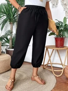 Plus Size Women's Fashion Solid Color Casual Capri Pants - الأسود - مشاهدة 5