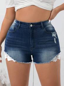 Firerie Plus Size Women's Lace Casual Denim Shorts With Distressed Pockets And Frayed Hems
