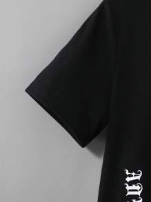 SHEIN 两件套青少年男童夏季宽松休闲狮子图案T恤和短裤针织家居服套装 - 黑色 - 查看 6