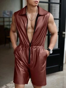 Manfinity Homme 男式純色無袖連身褲，帶拉鍊、打結腰帶和口袋，適合夏季 - 酒紅色 - 查看 4