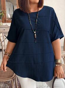 Plus Size Solid Color Round Neck Batwing Sleeve Casual Summer Shirt