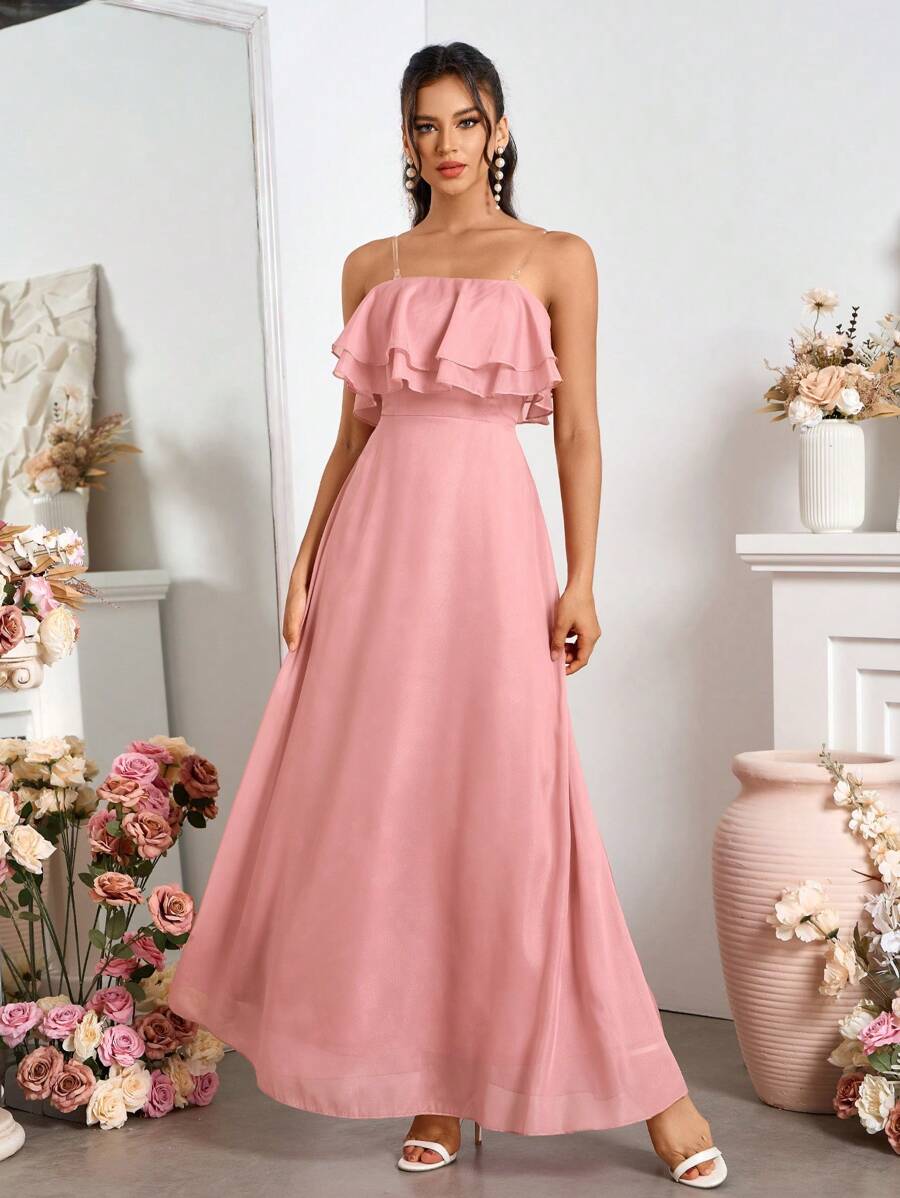 SHEIN Belle Váy phù dâu dự tiệc xù lông màu trơn thông thường - Bụi hồng - Xem 1